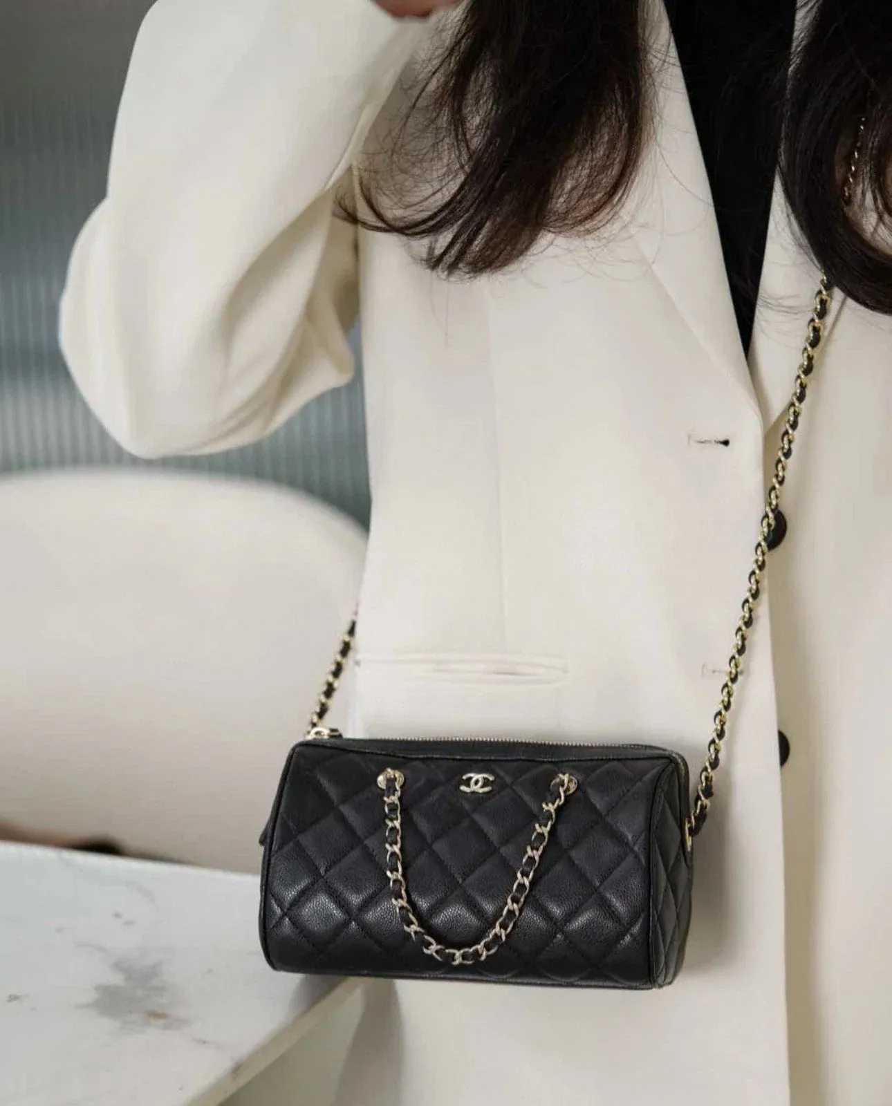 chanel-black-crossbody-bowling-bag thumbnail 5