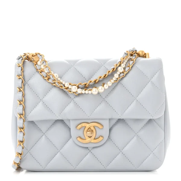 Chanel Mini Square Pearl Flap Bag Grey Leather Gold Hardware
